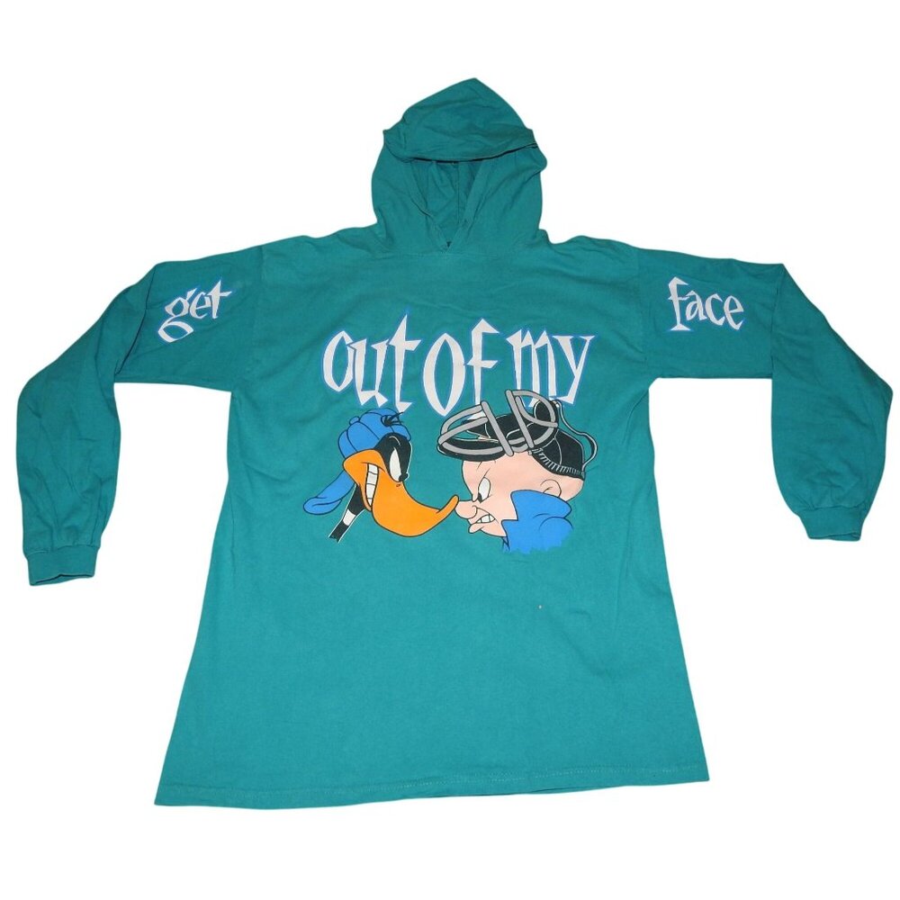 Vintage 90s Looney Tunes Hoodie T-Shirt Get Out Of My Face Daffy Elmer USA Large